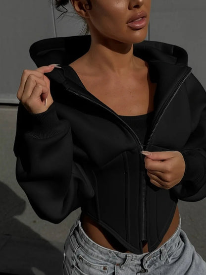 Women's Corset Cropped Zip-Up Hoodie Fleece Jacket