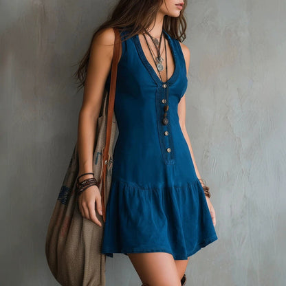 Women's Sleeveless U-Neck Button Front Lace Mini Dress