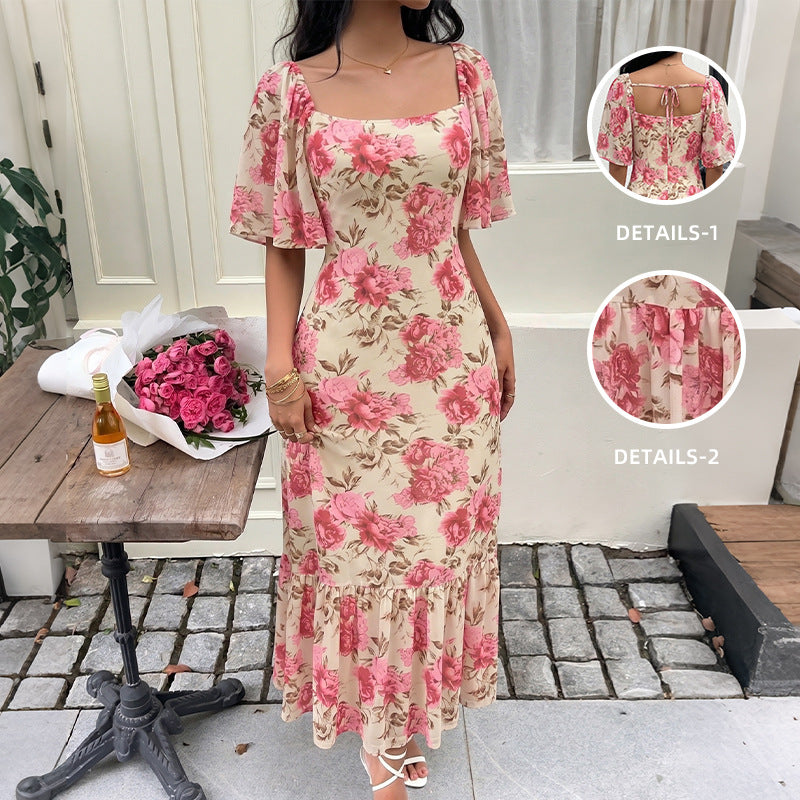 Floral Square Neck Maxi Dress Flutter Sleeve Cottagecore