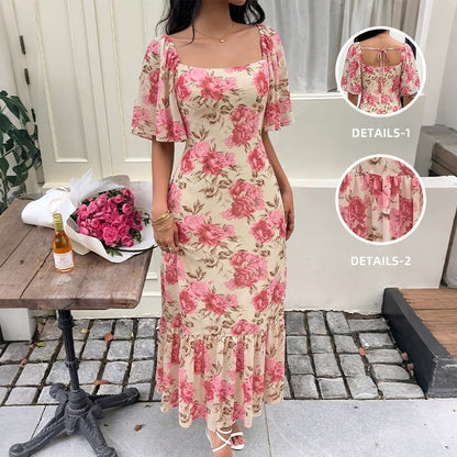 Floral Square Neck Maxi Dress Flutter Sleeve Cottagecore