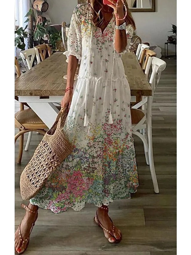 Women's Boho Floral V-Neck Tassel Maxi Dress Flowy
