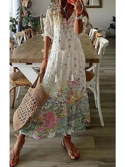 Women's Boho Floral V-Neck Tassel Maxi Dress Flowy
