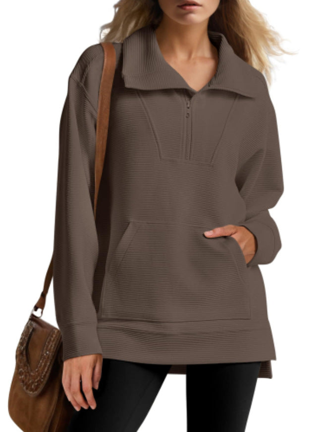 Women's Oversized Half Zip Collar Sweatshirt Asymmetric Hem