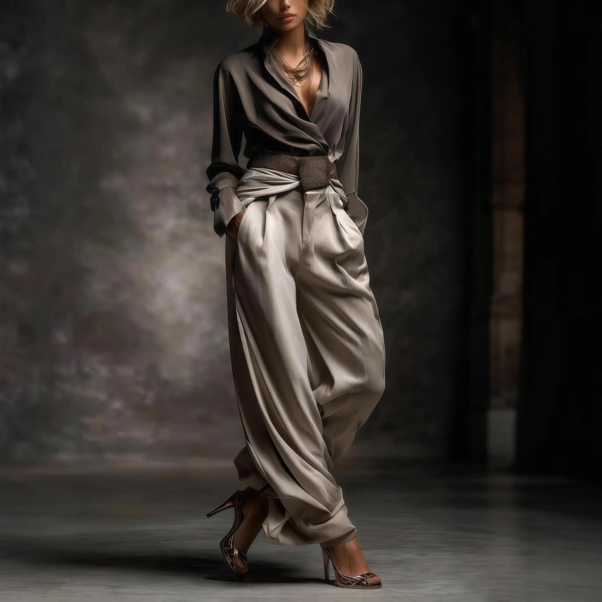 Women's Satin Belted V Neck Wide Leg Pants Two Piece Set