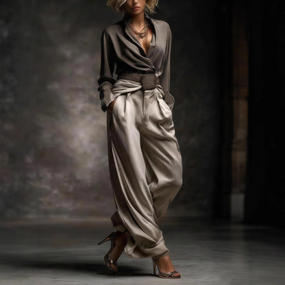 Women's Satin Belted V Neck Wide Leg Pants Two Piece Set