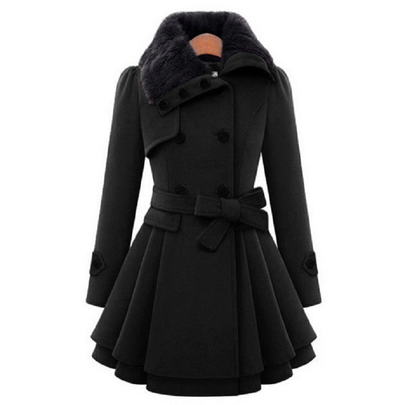 Plus Size Double Breasted Belted Wool Coat Faux Fur Collar