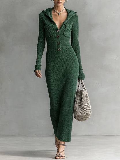 Hooded V Neck Button Front Ribbed Knit Maxi Dress