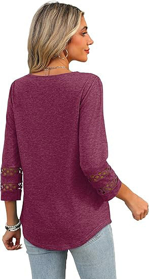 White V-Neck Lace Sleeve Casual Knit Top for Women