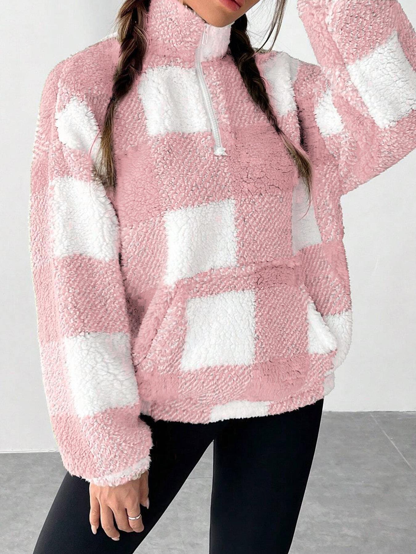 Womens Checkered Sherpa Quarter Zip Fleece Pullover