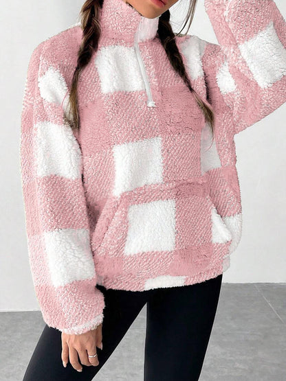 Womens Checkered Sherpa Quarter Zip Fleece Pullover