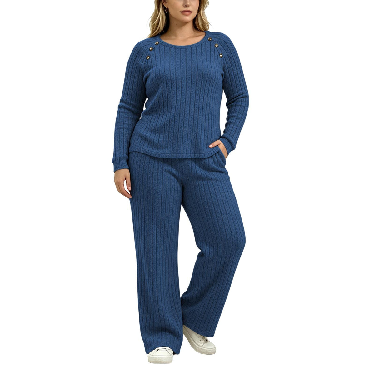 Womens Ribbed Knit 2 Piece Set Button Top Wide Leg Pants