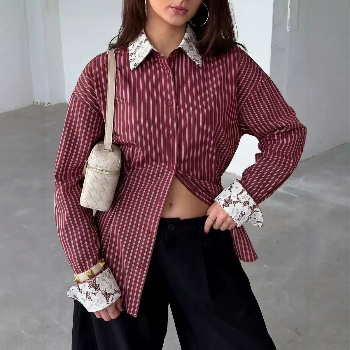 Women's Striped Lace Trim Long Sleeve Button Down Blouse