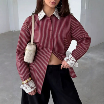 Women's Striped Lace Trim Long Sleeve Button Down Blouse