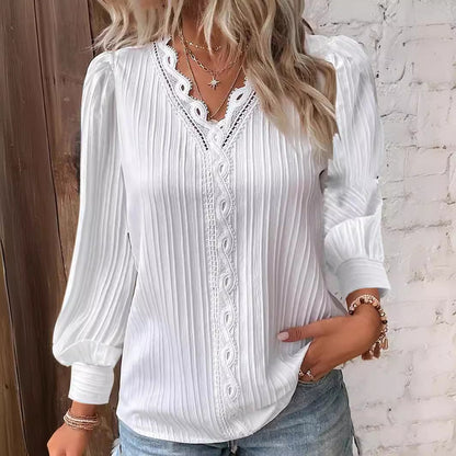 Lace Trim V Neck Blouse Long Sleeve Elegant Top