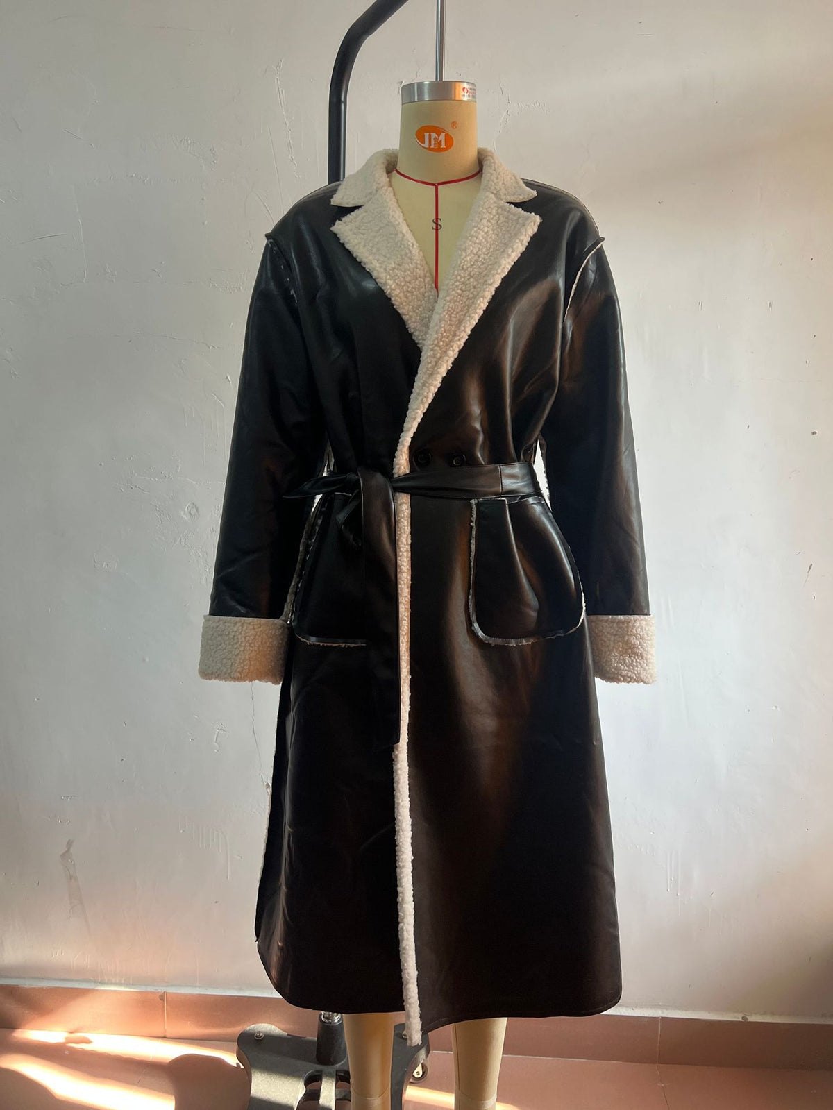 Womens Faux Leather Sherpa Long Trench Coat Belted Winter