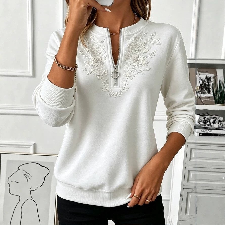 Women's Floral Embroidered Half Zip Sweatshirt Pullover