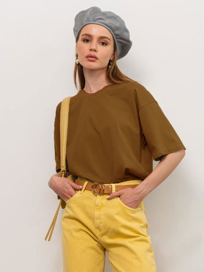 Solid Cotton T Shirt Loose Fit Crewneck Casual Top