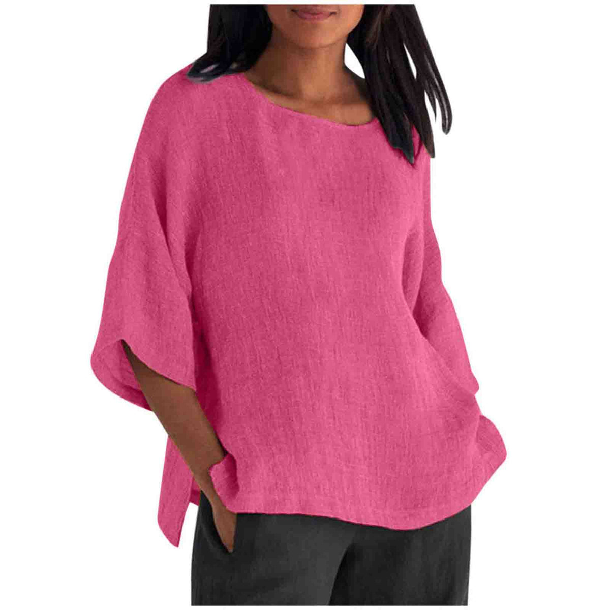Women's Linen Top Oversized 3/4 Sleeve Round Neck 25 Colors