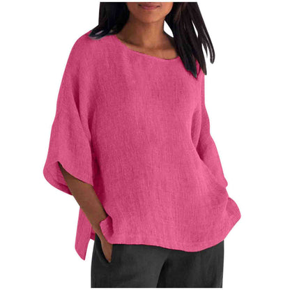 Women's Linen Top Oversized 3/4 Sleeve Round Neck 25 Colors