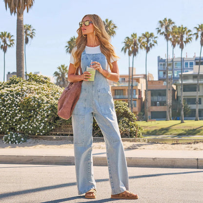 Wide Leg Denim Overalls Pocket Jumpsuit