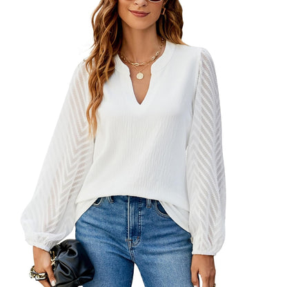 Chiffon Lace V-Neck Top Long Sleeve Balloon Sleeve Blouse
