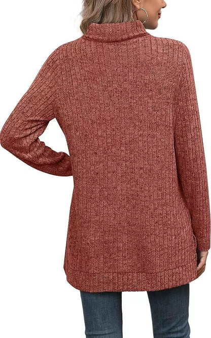 Oversized Ribbed Turtleneck Tunic Top Side Split