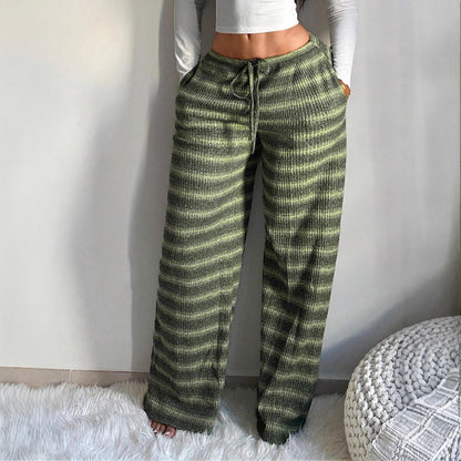 Striped Knit Wide Leg Pants Women Drawstring Casual