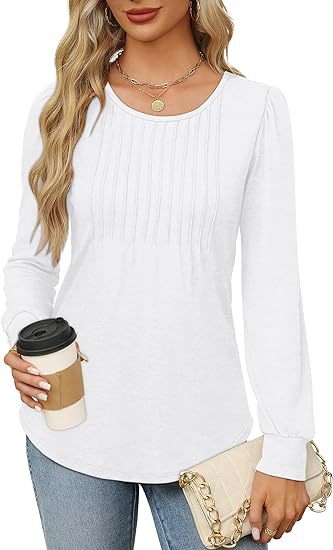 Solid Cotton Pintuck Blouse Long Sleeve Work Top