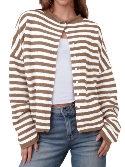 Brown White Striped Button Front Knit Cardigan Sweater