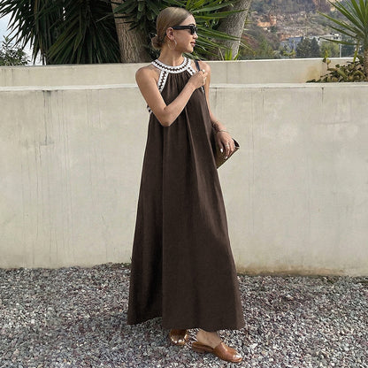 Halter Neck Maxi Dress Color Block Lace Summer Casual