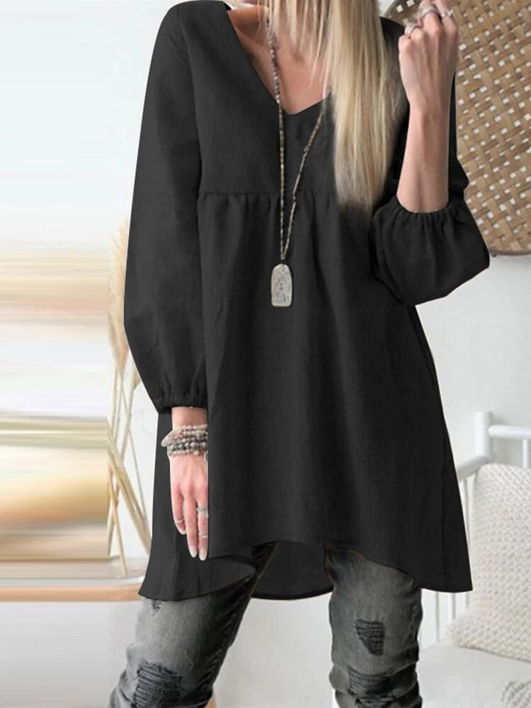 Women's V-Neck Balloon Sleeve Cotton Blend Tunic Top