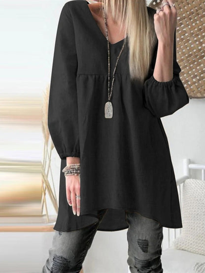 Women's V-Neck Balloon Sleeve Cotton Blend Tunic Top