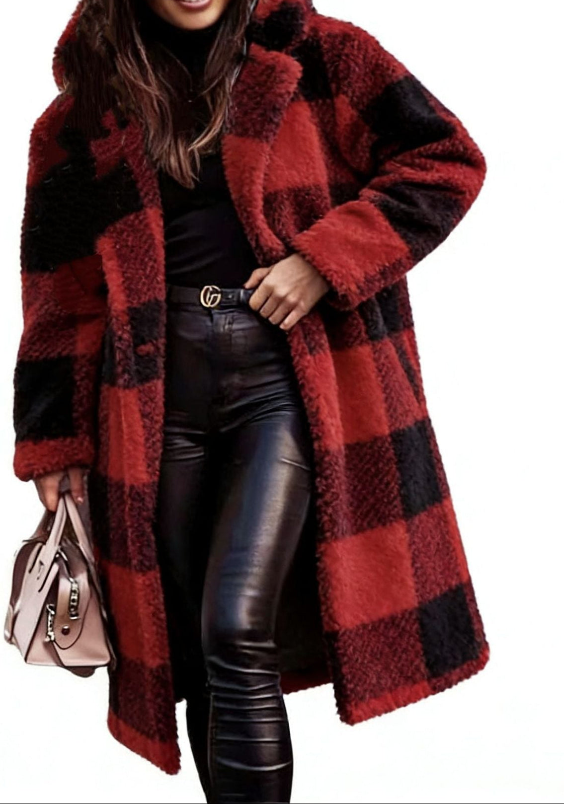 Women's Plaid Teddy Long Hooded Coat Winter Warm