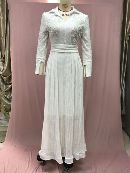 White Lace Floral Maxi Dress Long Sleeve Vintage Formal
