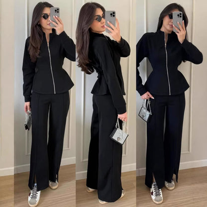 Women's 2 Piece Zip Up Cinched Waist Wide Leg Pants Set
