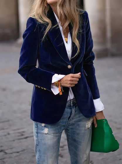 Women's Fitted Velvet Blazer Single Button Suit Jacket