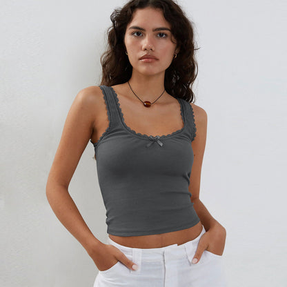 Ribbed Lace Trim Cami Top Slim Fit Cropped Tank