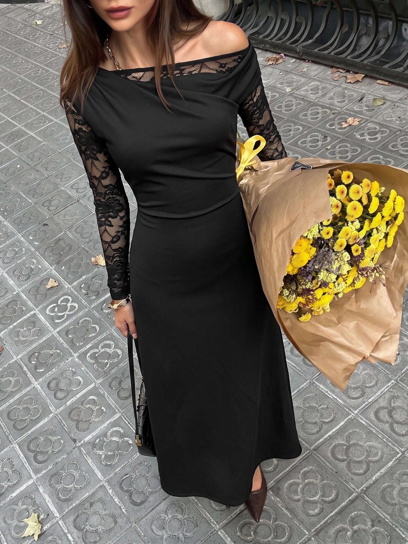 Sexy Black Lace One Shoulder Long Sleeve Maxi Dress