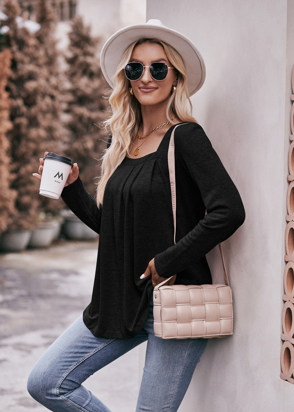 Square Neck Pleated Long Sleeve Top for Women