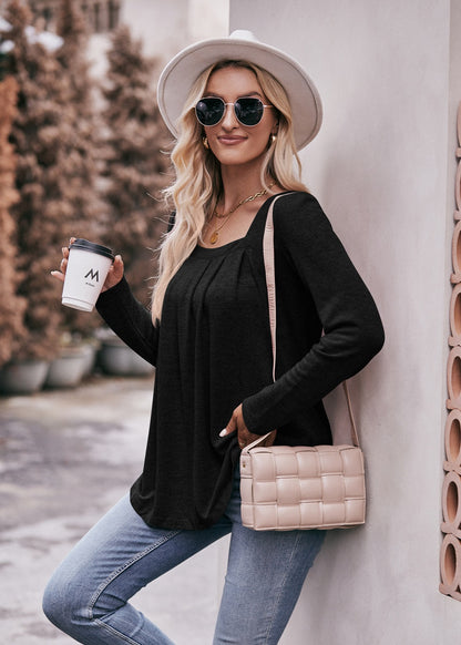 Square Neck Pleated Long Sleeve Top for Women