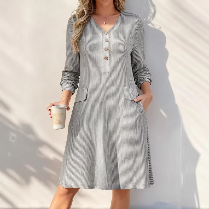 Ribbed V Neck Button Long Sleeve Midi Knit Dress Pockets