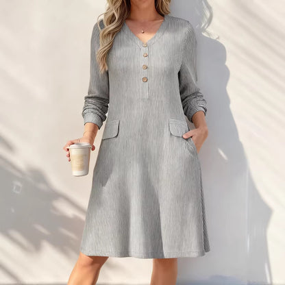 Ribbed V Neck Button Long Sleeve Midi Knit Dress Pockets
