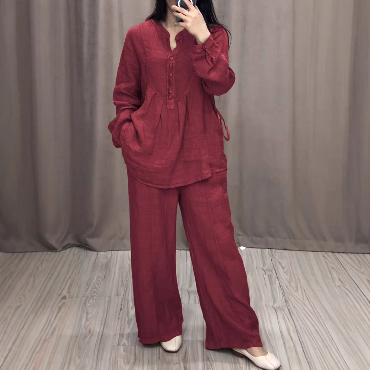 Women's Linen Matching Set Wide Leg Pants Button Up