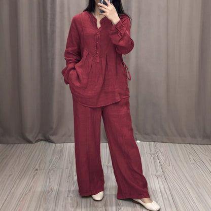 Women's Linen Matching Set Wide Leg Pants Button Up
