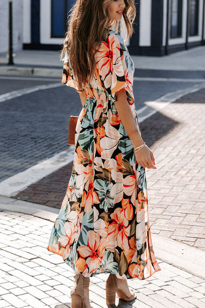 Floral V Neck High Waist Split Midi Dress Boho