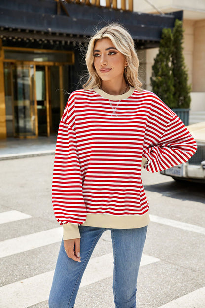 Striped Color Block Crew Neck Loose Fit Long Sleeve Sweatshirt