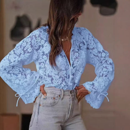 Women's Sheer Floral Lace Blouse Button Up Tie Sleeve