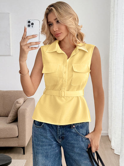 Yellow Sleeveless Button Down Belted Blouse Top