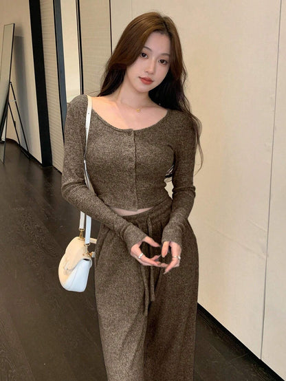 Women's Ribbed Two Piece Set Wide Leg High Waist Pants