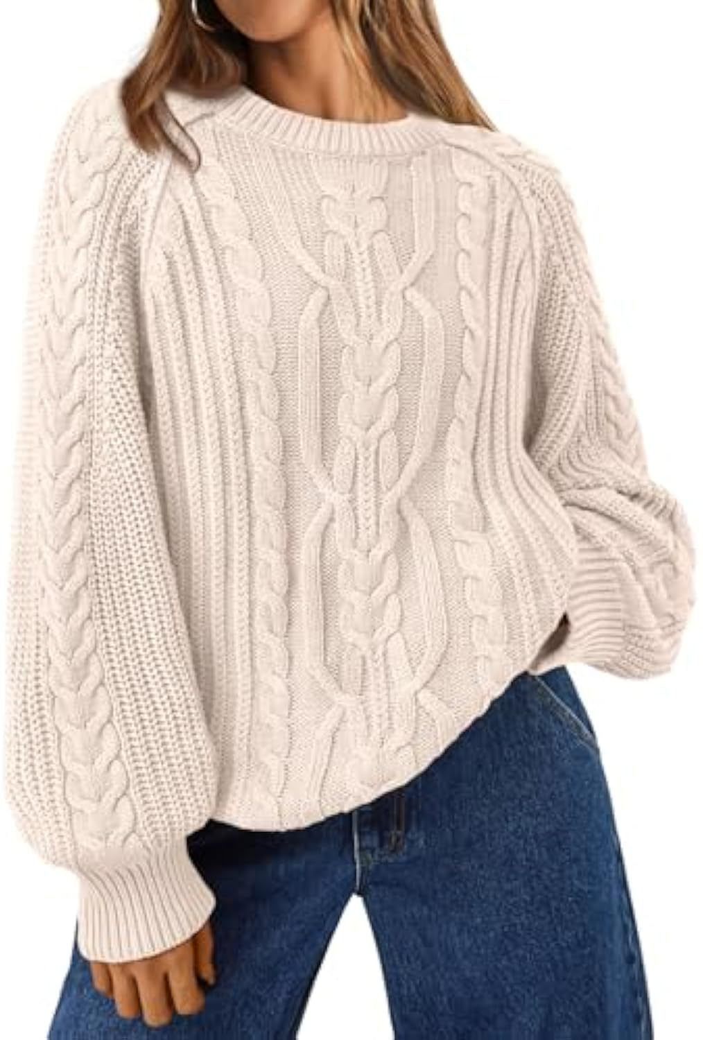 Women's Oversized Cable Knit Crew Neck Pullover Sweater
